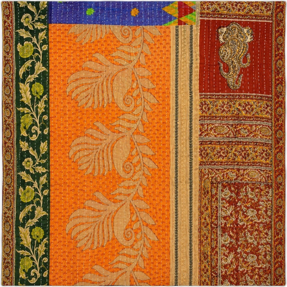 Vintage Kantha Reversible Indian Cotton Block Print Patchwork Boho Throw 54 x 88